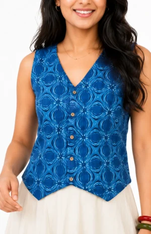 Indigo hand block printed waist coat