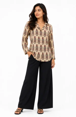 white hand block printed naturally dyed modal silk shirt