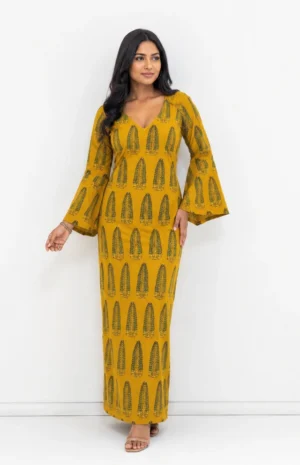 mustard yellow pure cotton ajrakh hand block printed dress
