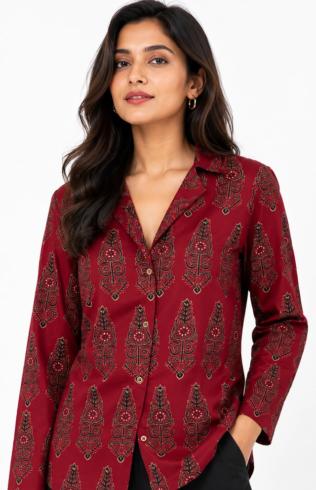 modal red shirt-CloseUP