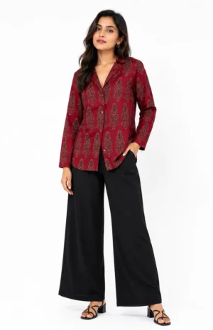 Red modal silk hand block printed shirt