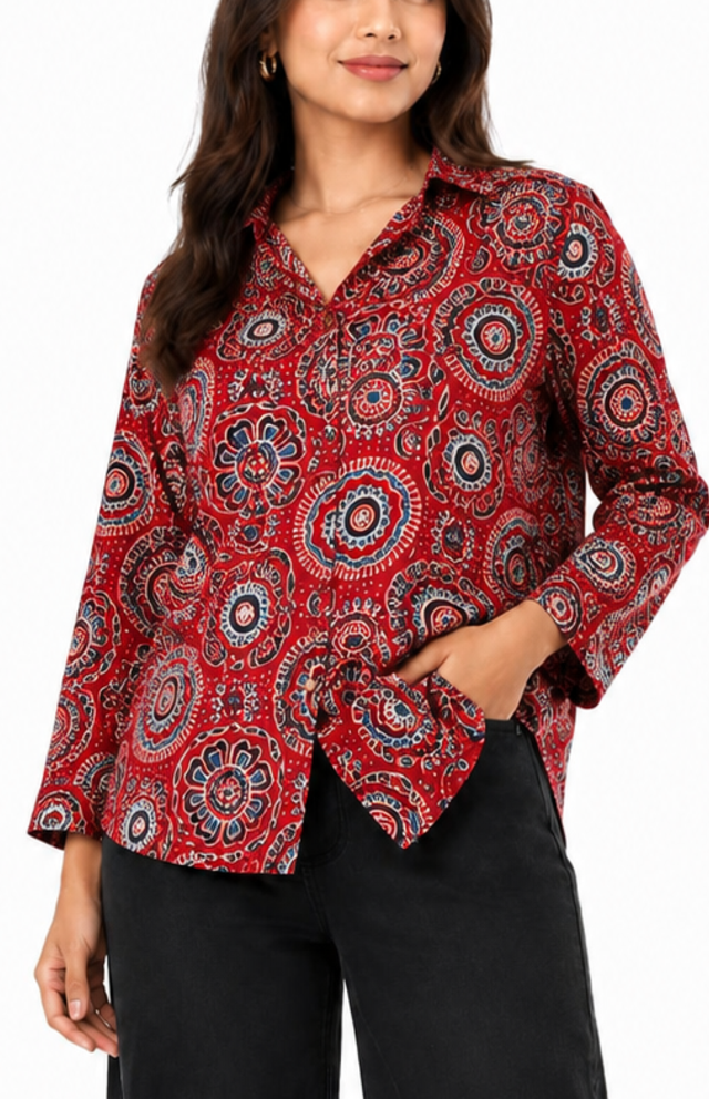 red modal silk shirt-CloseUP-wovenery