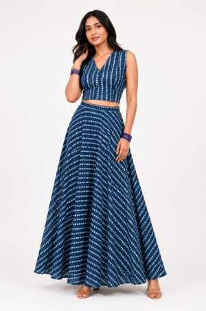 indigo fabric skirt and blouse