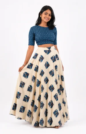 indigo blouse with ajrakh skirt