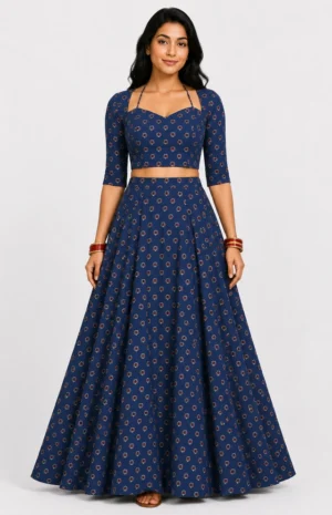 Indigo lotus hand block printed skirt set