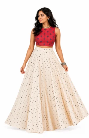 lotus hand block print Ajrakh top with polka skirt