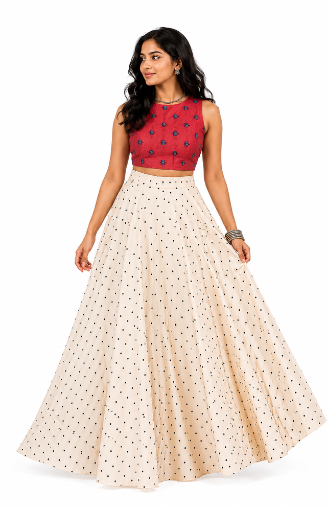 Polka skirt with Ajrakh top