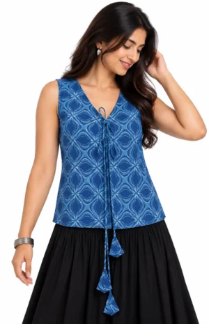 indigo floral boho top-F