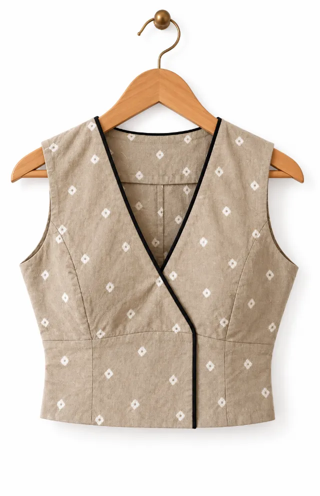 Beige-Taupe Pure Cotton Hand-Tied Bandhani Blouse
