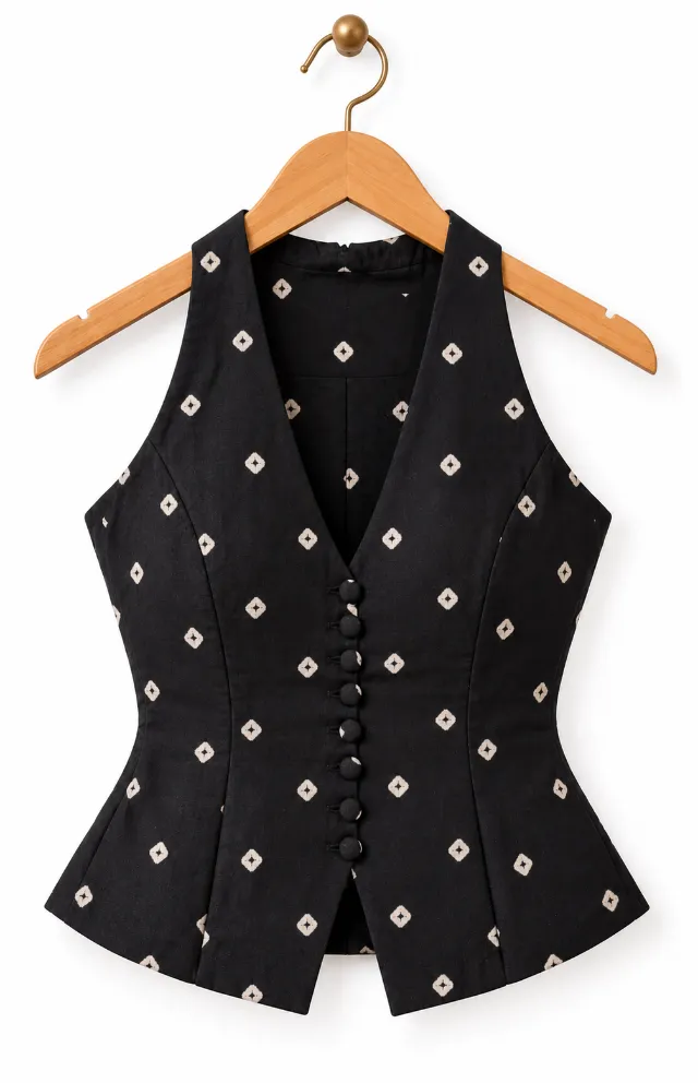 Black Hand-Tied Bandhani Waistcoat Top