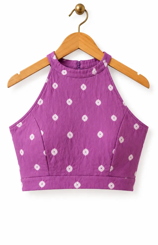 Purple Pure Cotton Hand-Tied Bandhani Blouse - Wovenery
