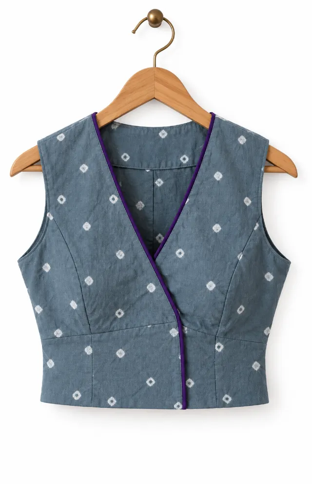 Blue-Grey Hand-Tied Bandhani Cotton Blouse