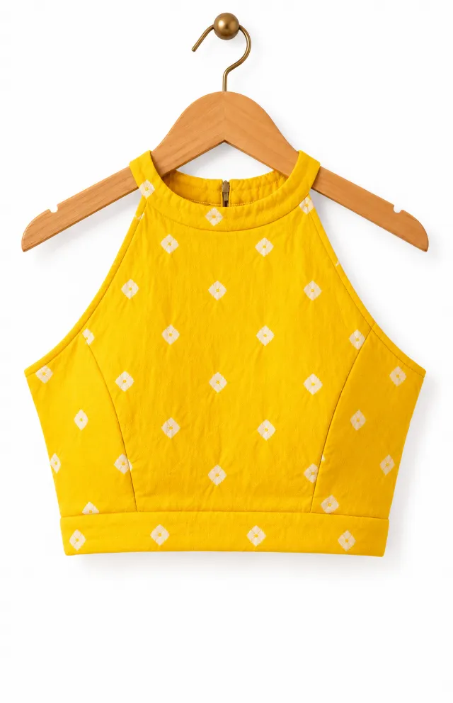 Yellow Pure Cotton Hand-Tied Bandhani Blouse - Wovenery